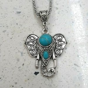 Boho Western Turquoise Elephant Statement Necklace | Silver Tone Tribal Pendant
